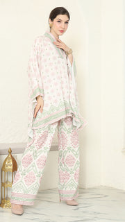 Baby pink V-neck songket pants set