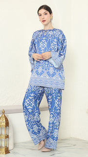 Blue R-neck Songket Pants Set