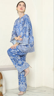 Blue R-neck Songket Pants Set