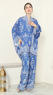 Blue V-neck Songket Pants Set