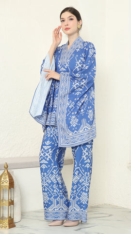 Blue V-neck Songket Pants Set