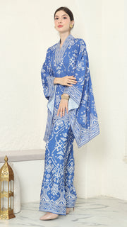 Blue V-neck Songket Pants Set