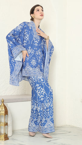 Blue V-neck Songket Pants Set