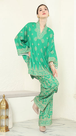 Green Gold V-neck Bali Pants Set