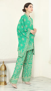 Green Gold V-neck Bali Pants Set