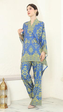 Blue Lime V-neck Songket Pants Set