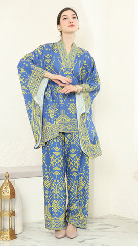 Blue Lime V-neck Songket Pants Set