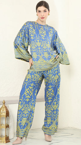 Blue Lime R-neck Songket Pants Set