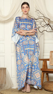 Blue Ikat Gold Short Sleeve Kaftan