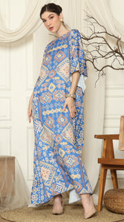 Blue Ikat Gold Short Sleeve Kaftan