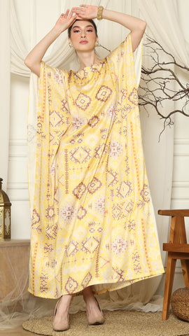 Yellow Ikat Gold Short Sleeve Kaftan