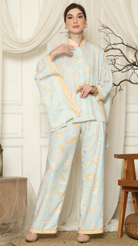 Light Blue Flower Batik Pants Set