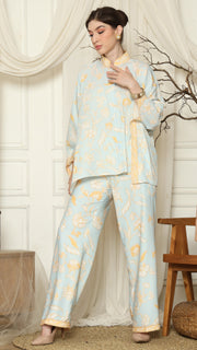 Light Blue Flower Batik Pants Set