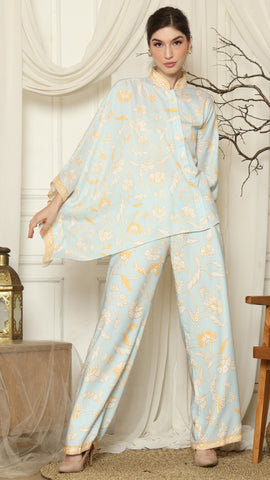 Light Blue Flower Batik Pants Set