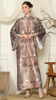 Brown Blue Batik Long Sleeve Dress