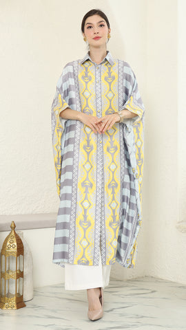 Yellow Grey Button Kaftan