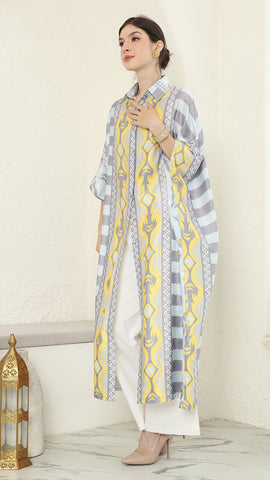 Yellow Grey Button Kaftan