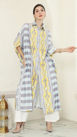 Yellow Grey Button Kaftan