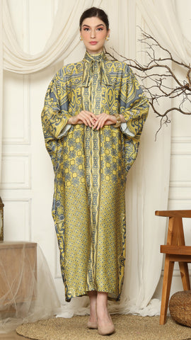 Green Grey Flower High Collar Long Kaftan