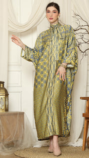 Green Grey Flower High Collar Long Kaftan