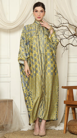 Green Grey Flower High Collar Long Kaftan