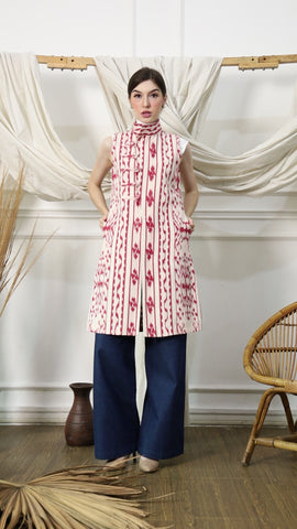 Red and White Handwoven Ikat Chongsam Vest