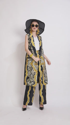 Yellow Black Kanzi Batik Vest Set with Pants