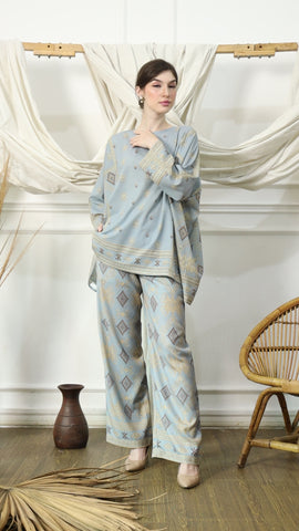 Light Blue Ikat R-neck Pants Set