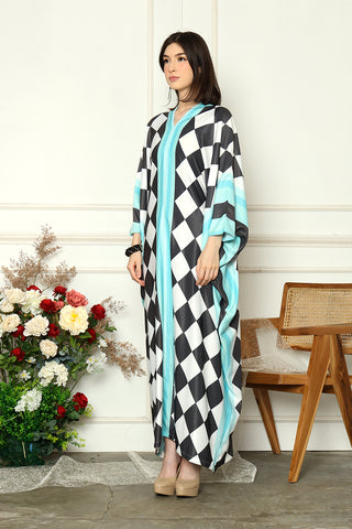 Blue Monochrome Long Sleeve Abstract Kaftan