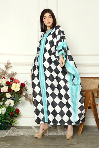 Blue Monochrome Long Sleeve Abstract Kaftan