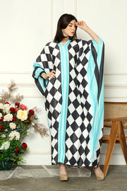 Blue Monochrome Long Sleeve Abstract Kaftan