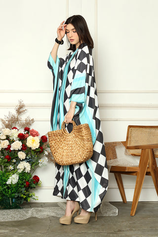 Blue Monochrome Long Sleeve Abstract Kaftan