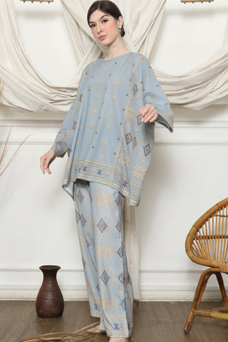 Light Blue Ikat R-neck Pants Set