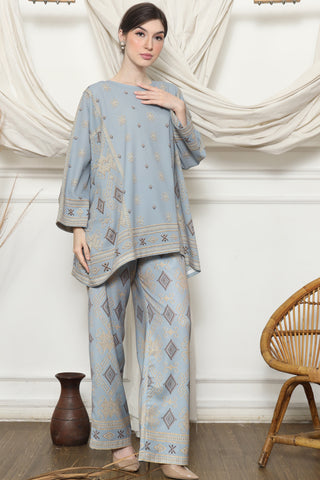 Light Blue Ikat R-neck Pants Set