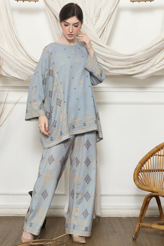 Light Blue Ikat R-neck Pants Set