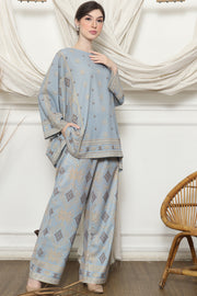 Light Blue Ikat R-neck Pants Set