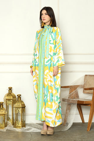 Lime Abstract High Collar Kaftan