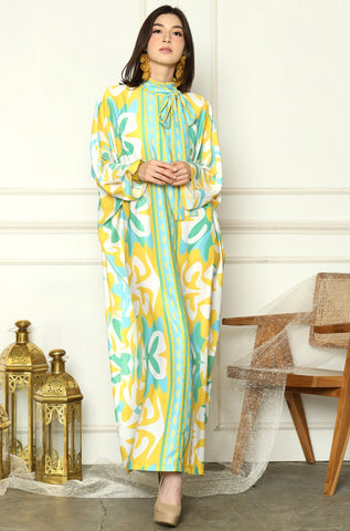 Lime Abstract High Collar Kaftan