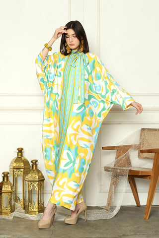 Lime Abstract High Collar Kaftan