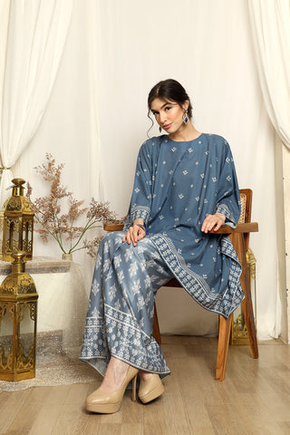 Dusty Blue Songket Sarong Round-neck Set