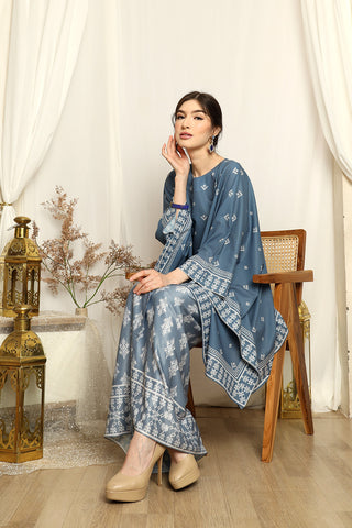 Dusty Blue Songket Sarong Round-neck Set