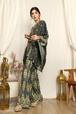 Emerald Green Songket Tunic Belt Pants Set