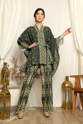 Emerald Green Songket Tunic Belt Pants Set