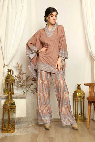 Brown Songket V-neck Pants Set