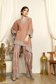 Brown Songket V-neck Pants Set