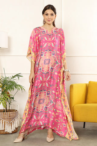 Kanzi Short Sleeve Tiles Kaftan Yellow Pink