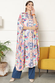 Kanzi 3/4 Sleeve  Collared Geometric New Kaftan Pink.