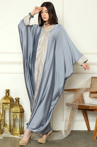 Dusty Blue Plain Long Sleeve Tapis Kaftan