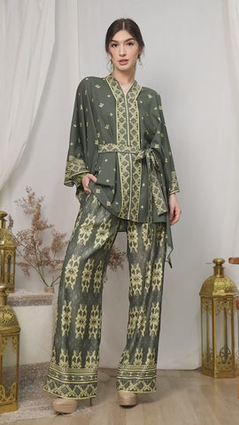 Emerald Green Songket Tunic Belt Pants Set